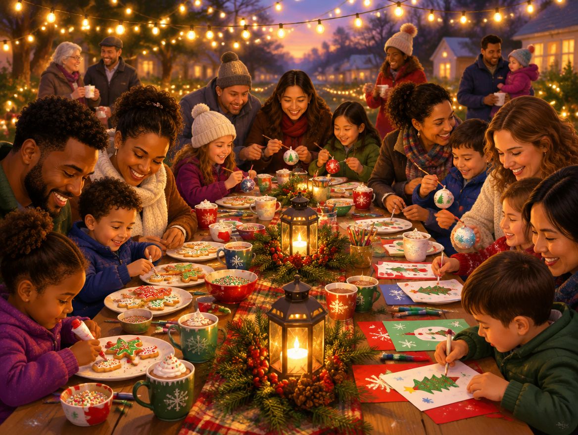 Illustration of neighbors and kids crafting together at a long table