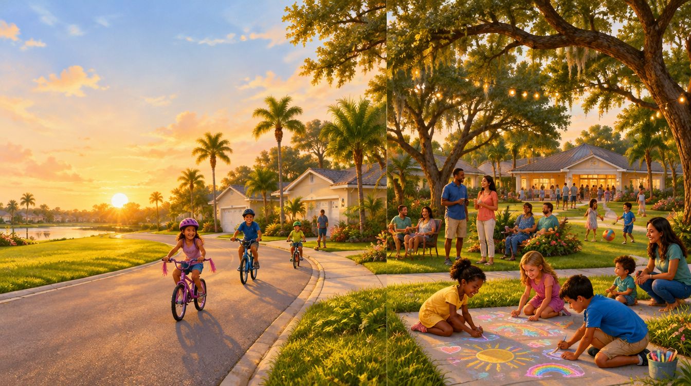 Illustration of Winterset families and kids playing together on a neighborhood street